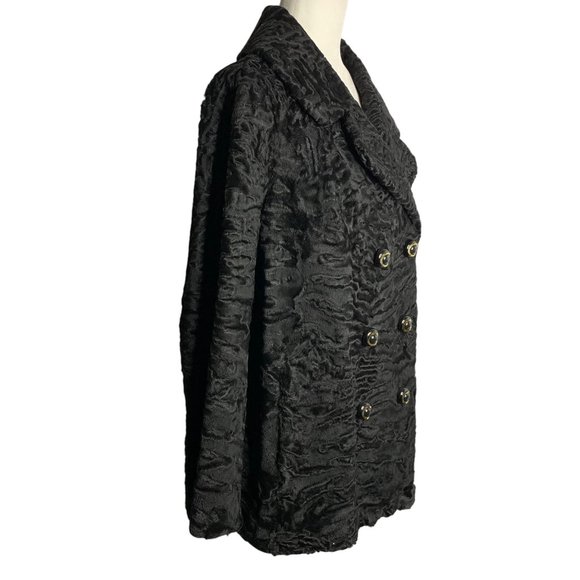 Vintage 60s Pelz Zeller Curly Lamb Wool Fur Coat L Black Hook Closure Pockets - Picture 5 of 6